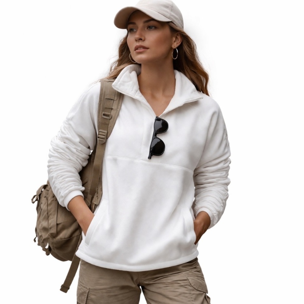 Athleta White Fleece Quilted Outdoor Sporty Long Sleeve Half Zip Jacket Size M
